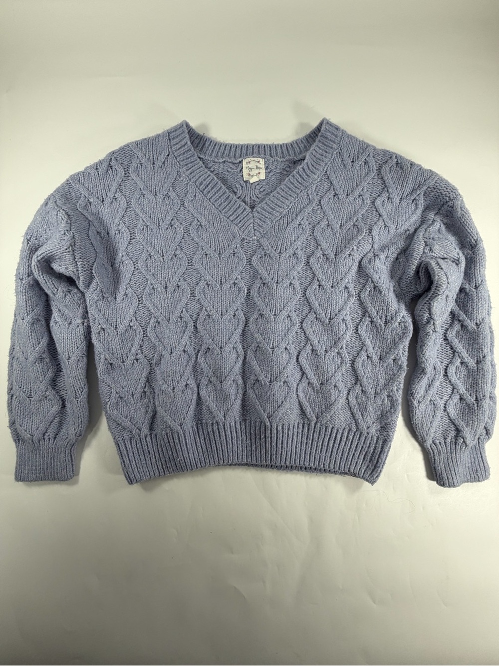 Hippy Rose Heart Cable Knit Sweater Lavender Purple V-Neck Cropped Cozy Womens M